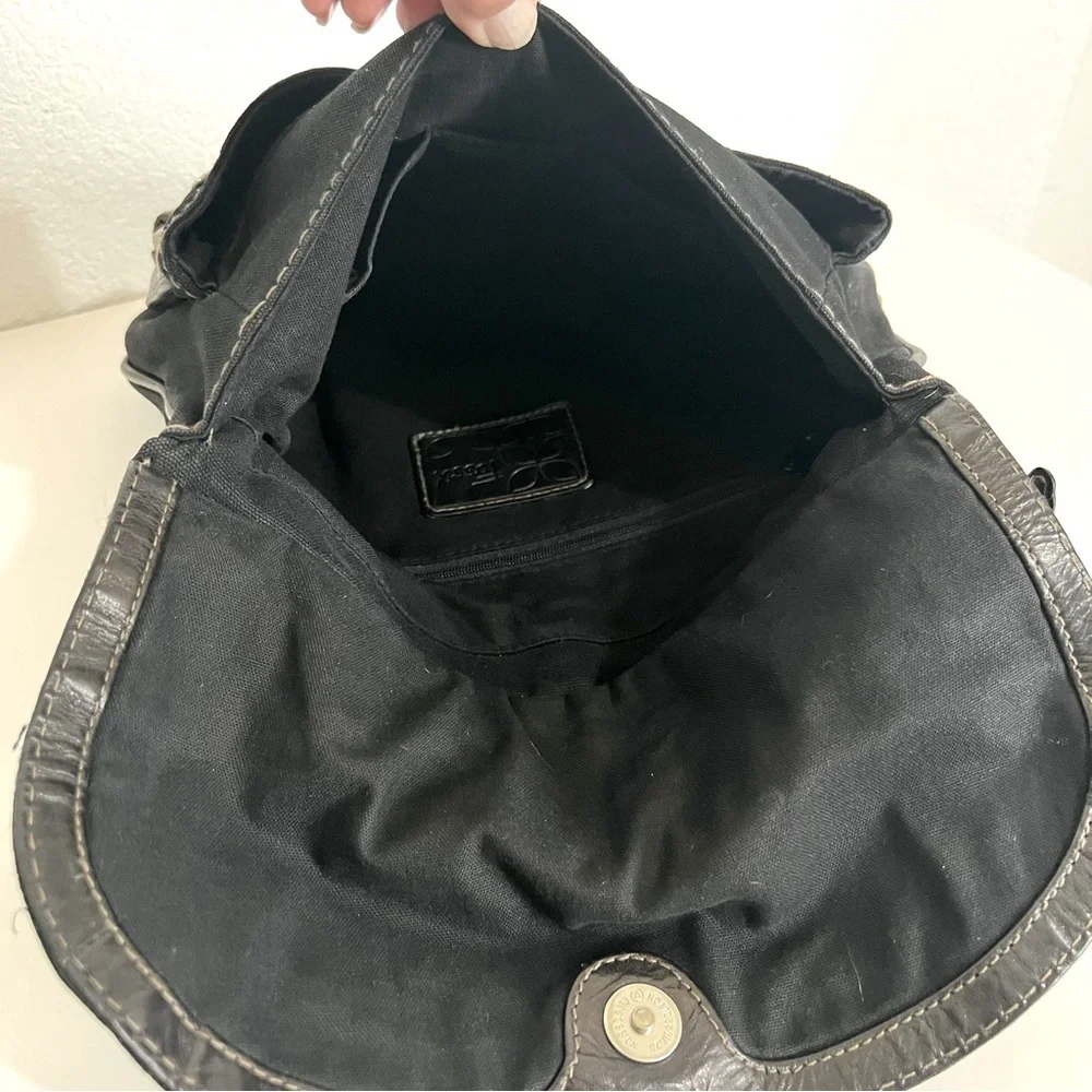 Fossil Black Leather & Canvas Messenger Crossbody Bag Purse Unisex